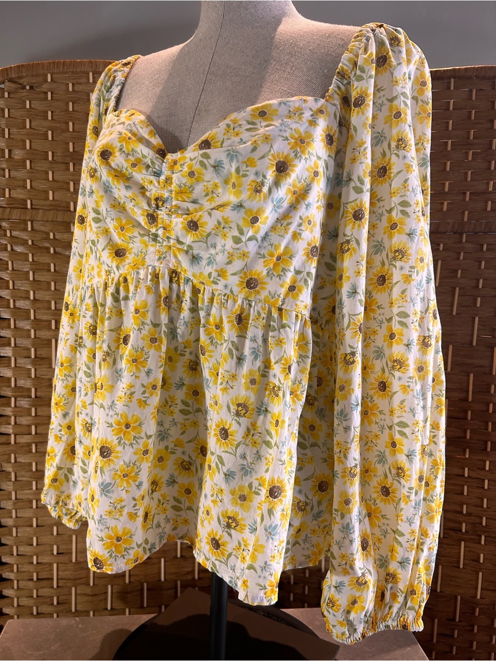 Sunflower Cotton Peplum Blouse Cottagecore Prairie Boho Smocked Back Large